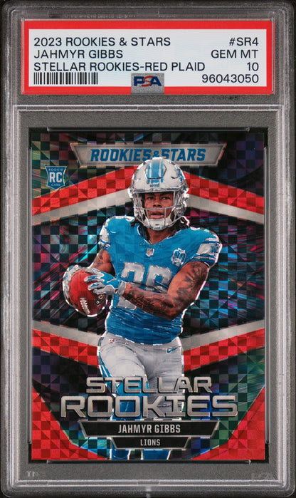 2023 Panini Rookies & Stars Stellar Rookies #SR4 Jahmyr Gibbs Red Plaid PSA 10