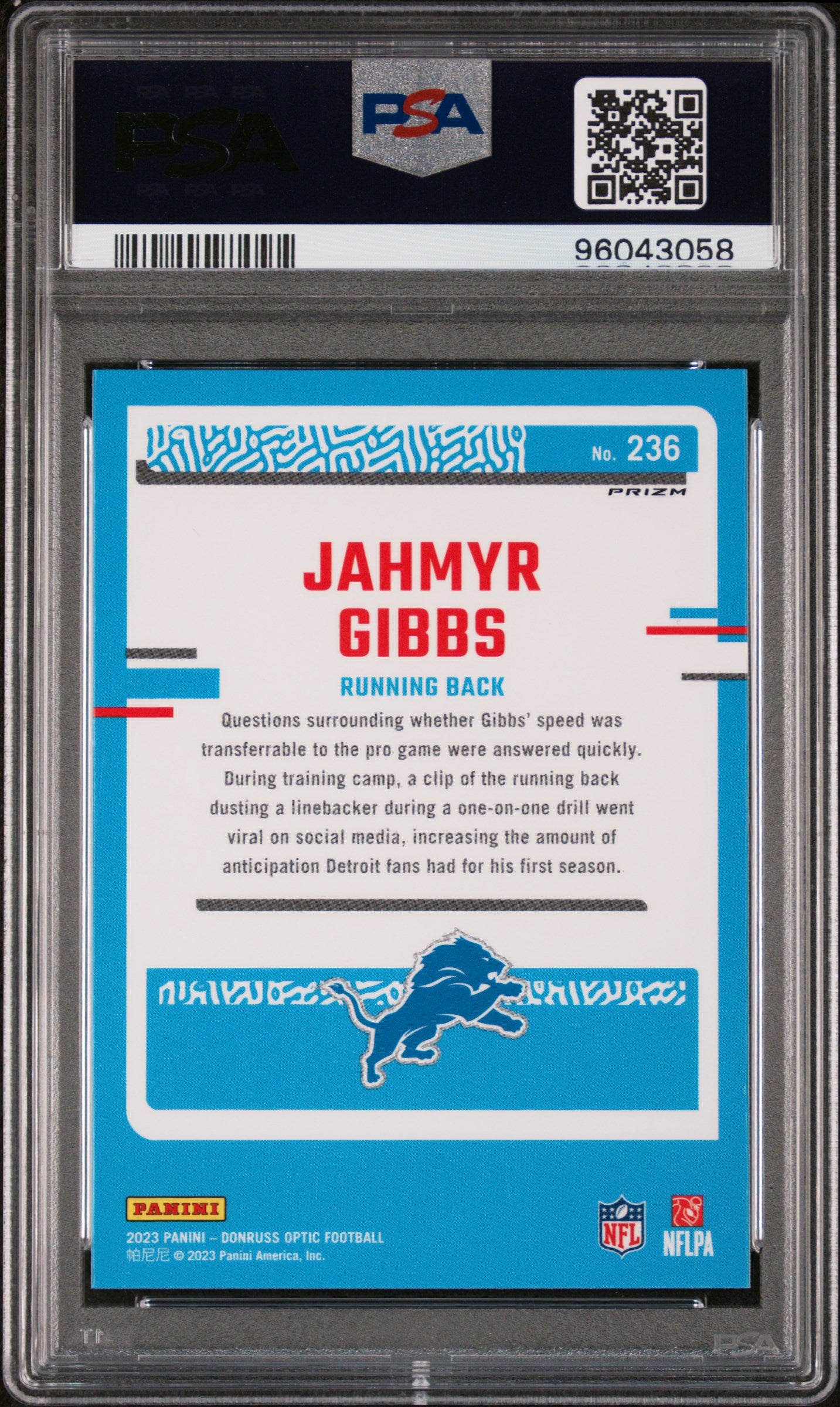 2023 Panini Donruss Optic #236 Jahmyr Gibbs Holo PSA 9