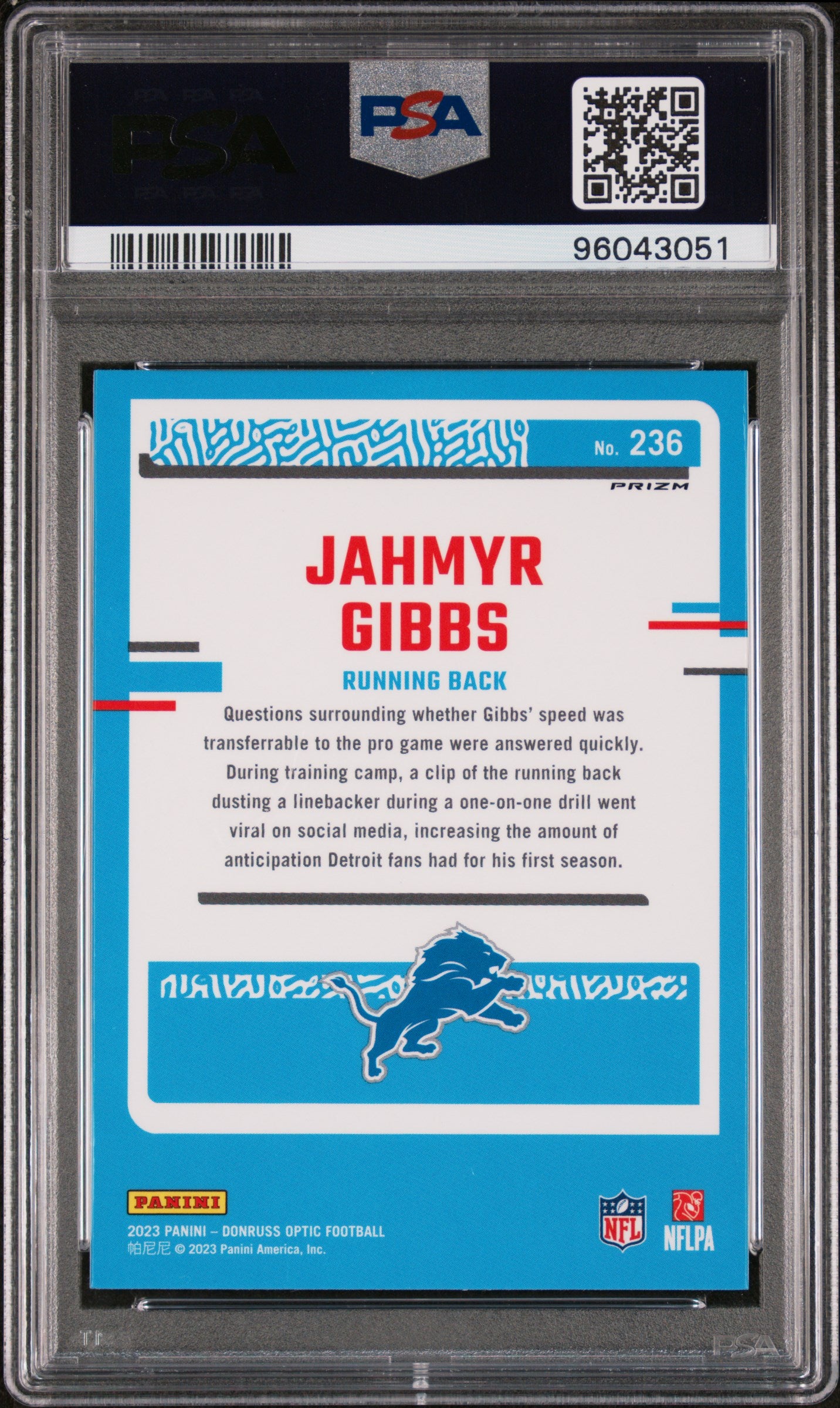 2023 Panini Donruss Optic #236 Jahmyr Gibbs Blue Hyper PSA 9