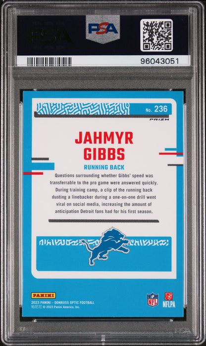 2023 Panini Donruss Optic #236 Jahmyr Gibbs Blue Hyper PSA 9