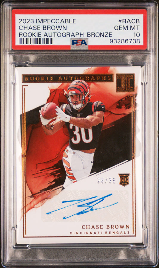 2023 Panini Impeccable Rookie Autographs #RACB Chase Brown Bronze/35 PSA 10