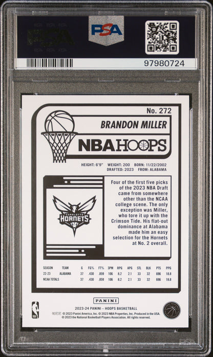 2023 Panini NBA Hoops #272 Brandon Miller Winter PSA 10