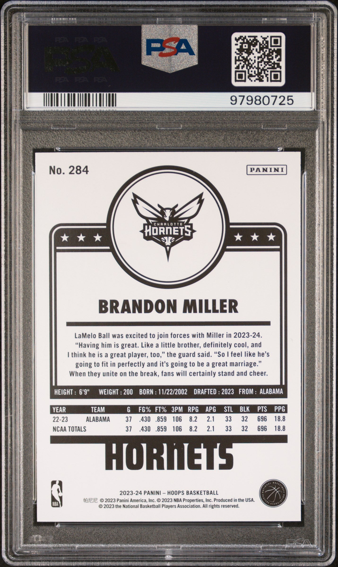 2023 Panini NBA Hoops #284 Brandon Miller Winter PSA 10