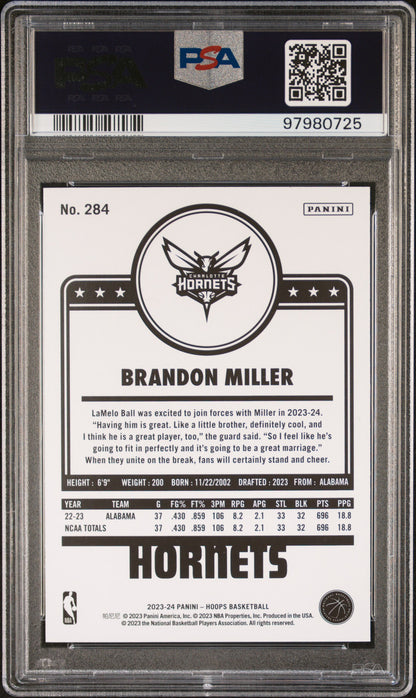 2023 Panini NBA Hoops #284 Brandon Miller Winter PSA 10