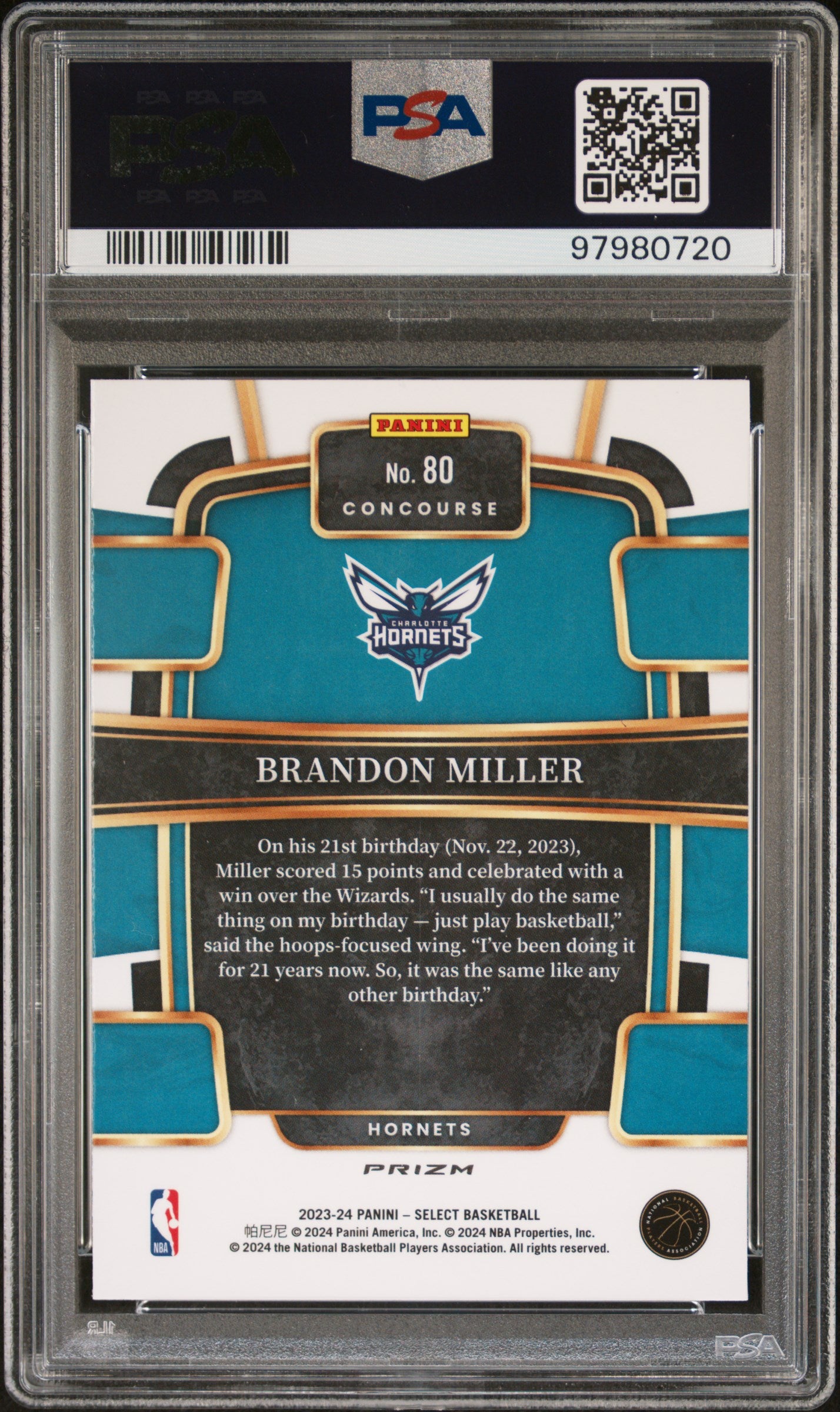 2023 Panini Select #80 Brandon Miller Orange Flash PSA 10