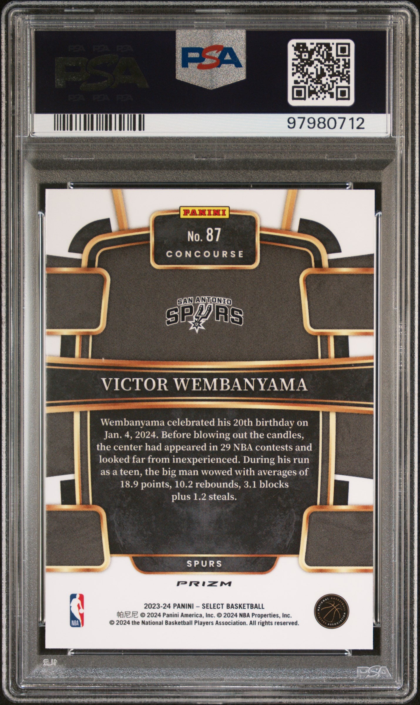 2023 Panini Select #87 Victor Wembanyama Green/White/Purple Prizm PSA 10