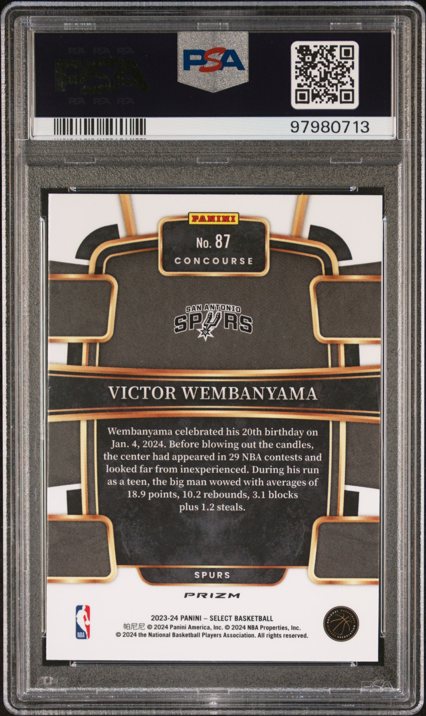 2023 Panini Select #87 Victor Wembanyama Green/White/Purple Prizm PSA 10