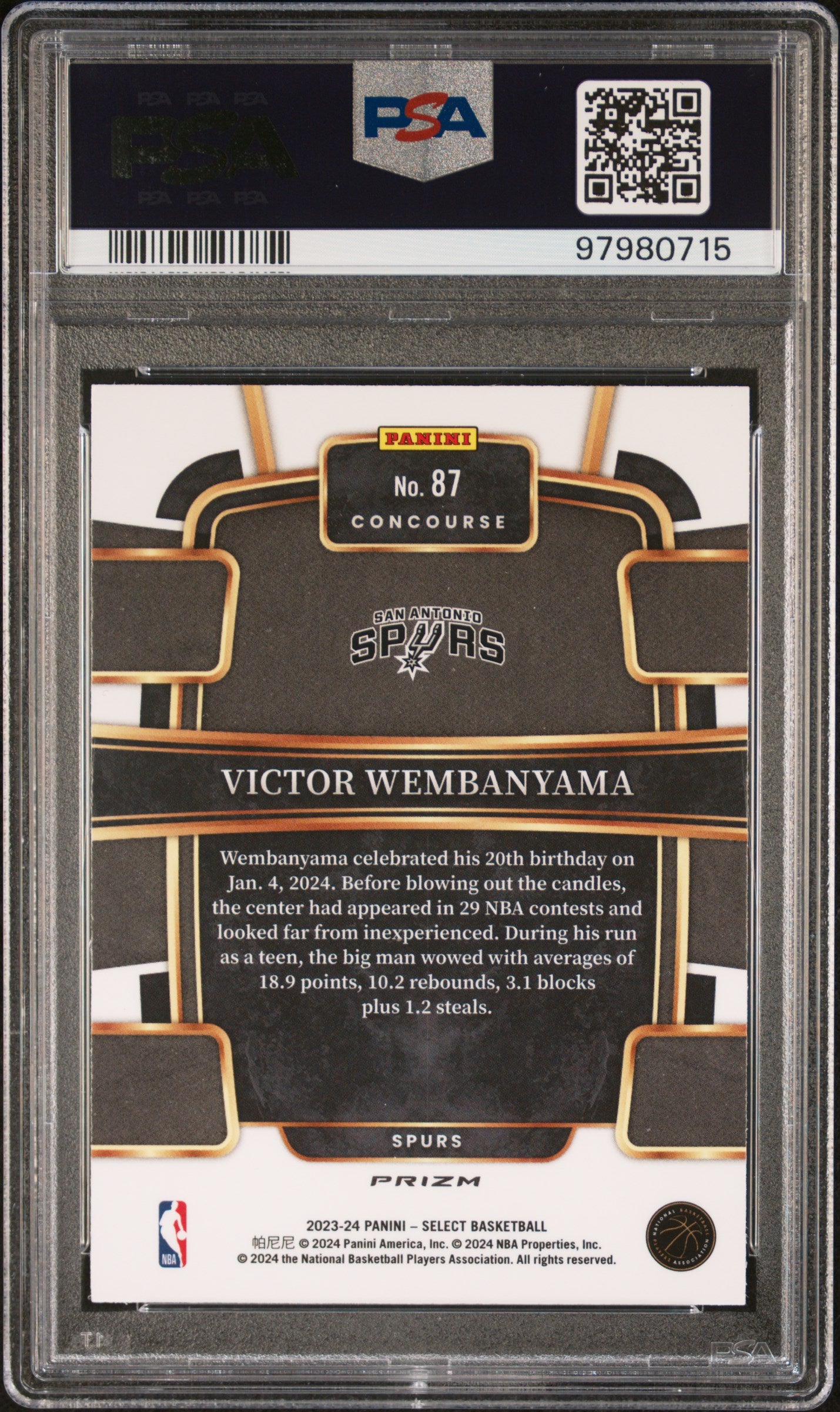 2023 Panini Select #87 Victor Wembanyama Silver Prizm PSA 10