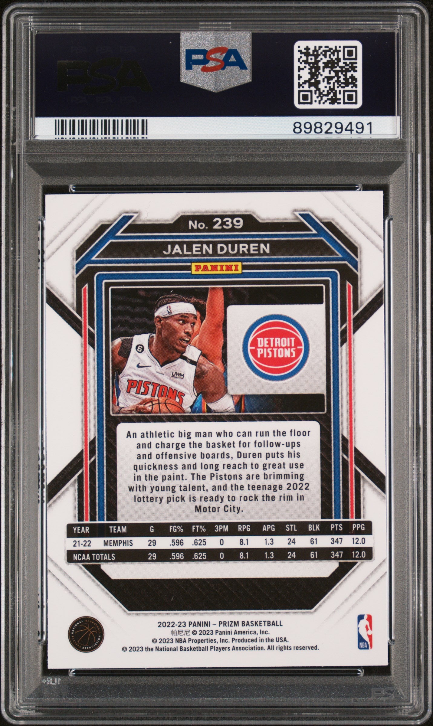 2022 Panini Prizm #239 Jalen Duren PSA 10