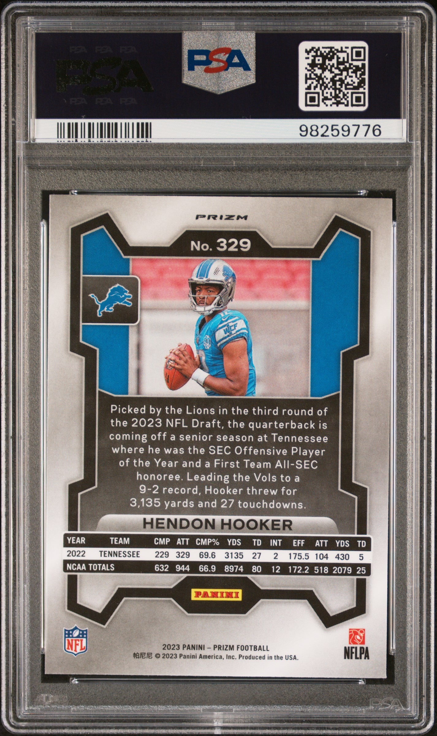 2023 Panini Prizm #329 Hendon Hooker Silver Prizm PSA 9