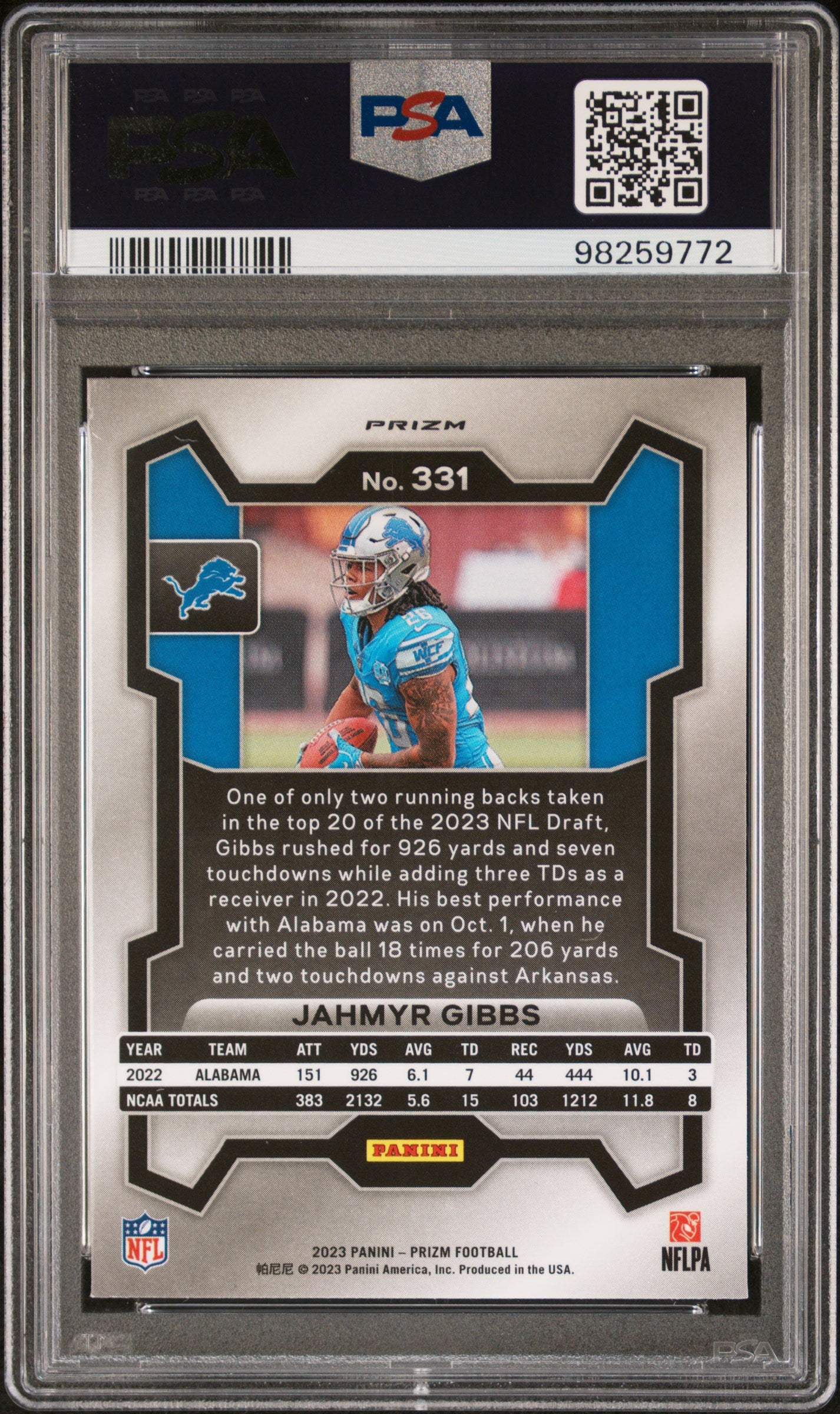 2023 Panini Prizm #331 Jahmyr Gibbs Silver Prizm PSA 8