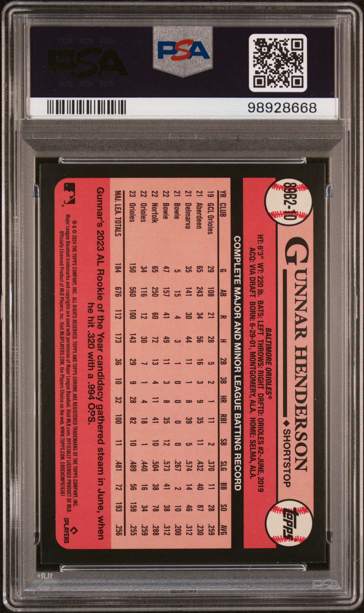 2024 Topps 1989 Topps Baseball #89B2-10 Gunnar Henderson 1989 Topps-Foil PSA 9
