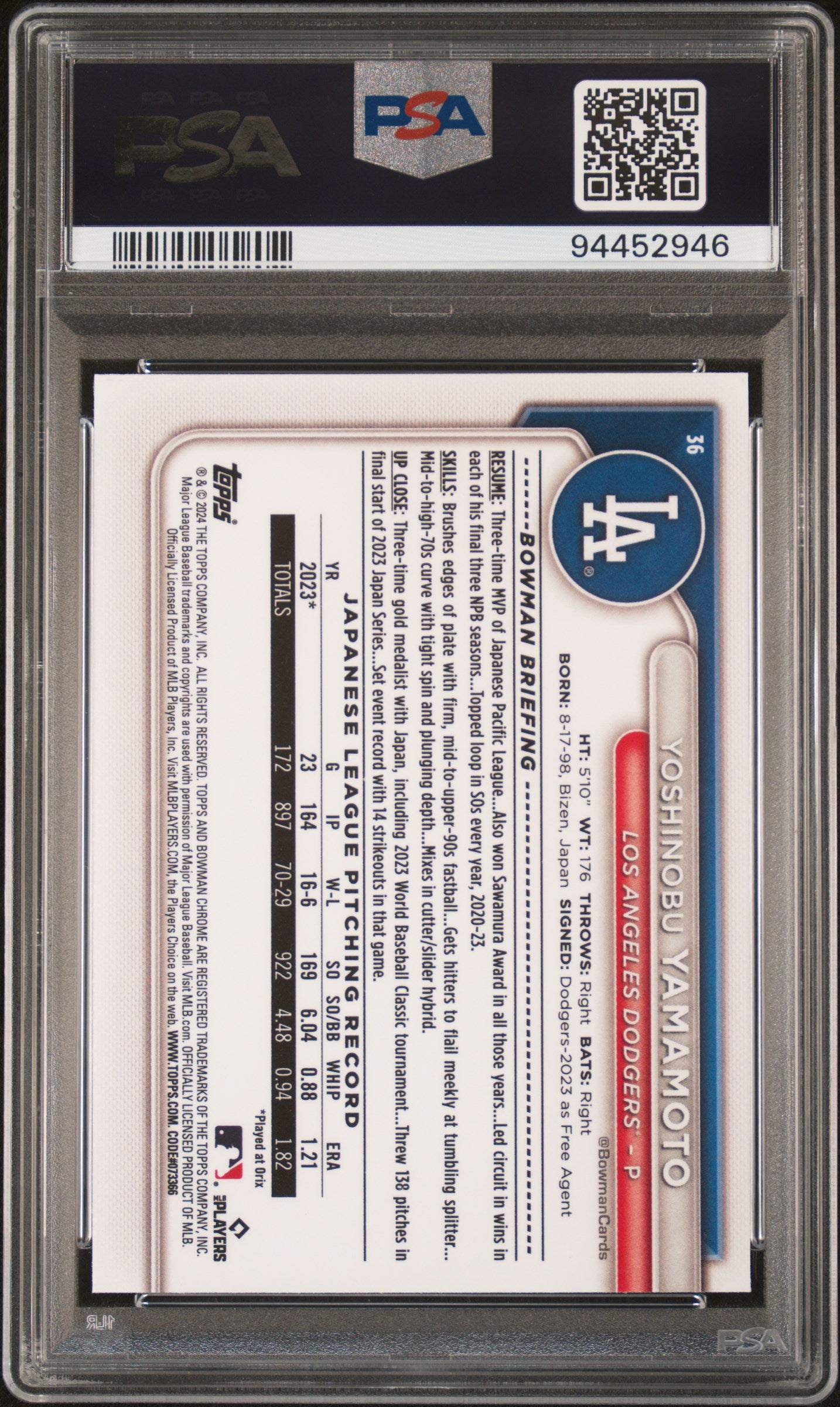 2024 Bowman Mega Box Chrome #36 Yoshinobu Yamamoto PSA 10