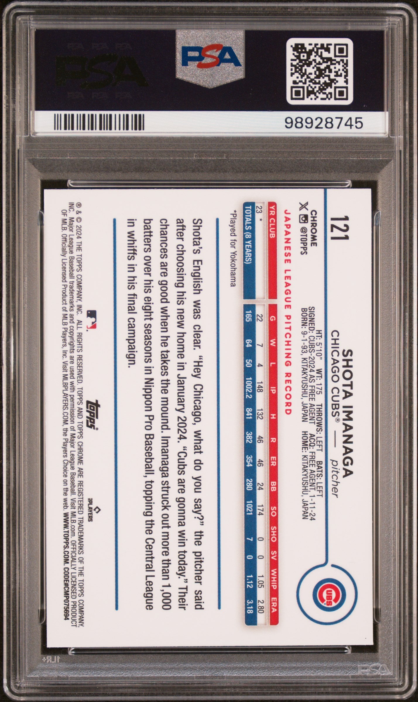 2024 Topps Chrome #121 Shota Imanaga PSA 10
