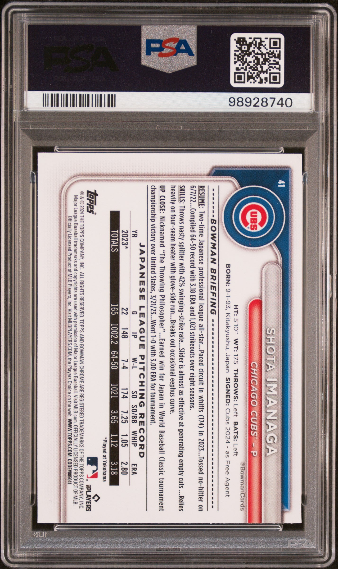 2024 Bowman Chrome #41 Shota Imanaga PSA 9