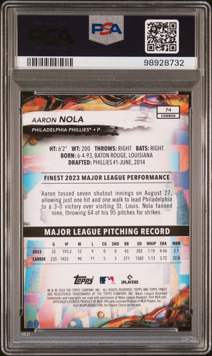 2024 Topps Finest #74 Aaron Nola Sky Blue Refractor PSA 9