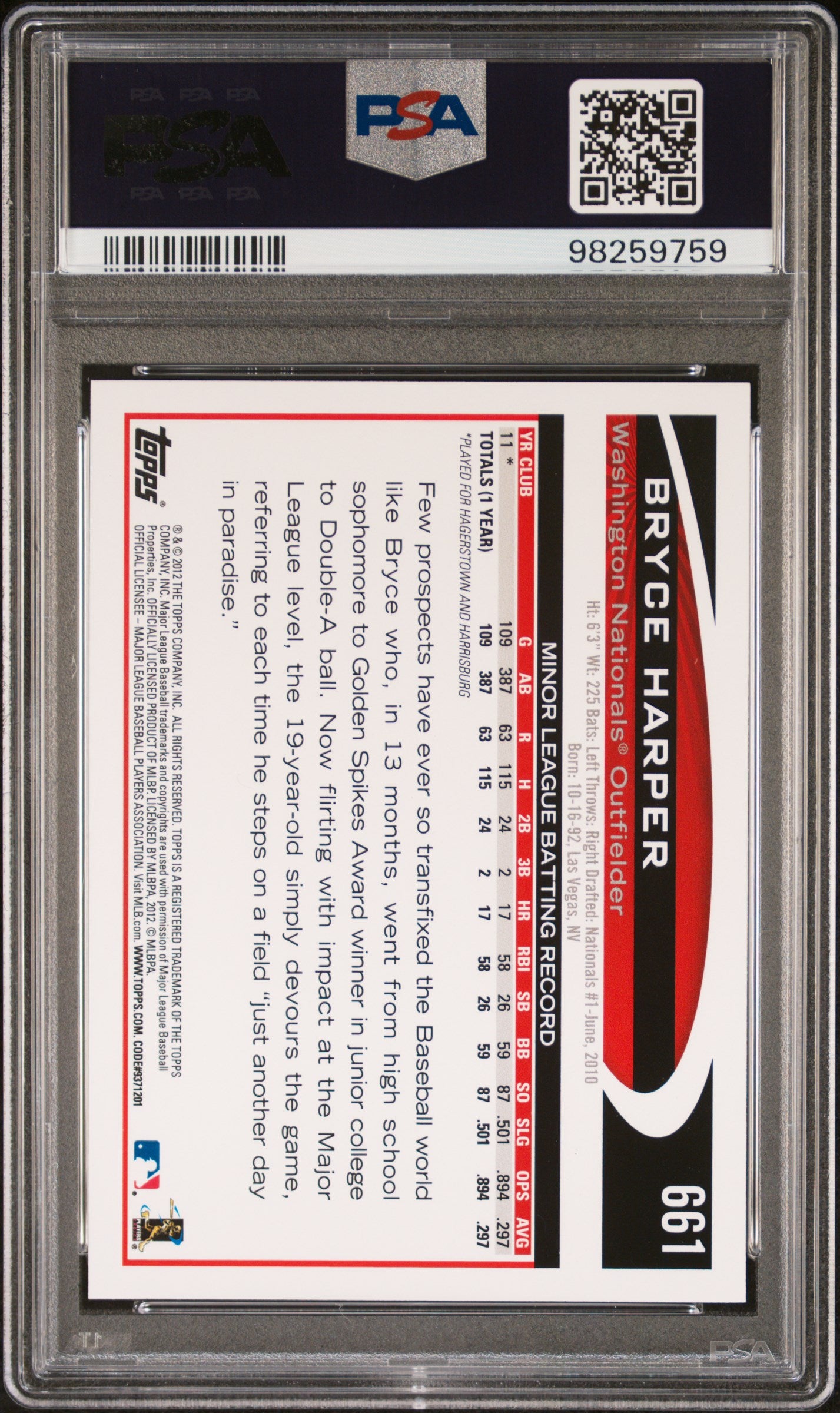 2012 Topps #661 Bryce Harper Screaming PSA 10