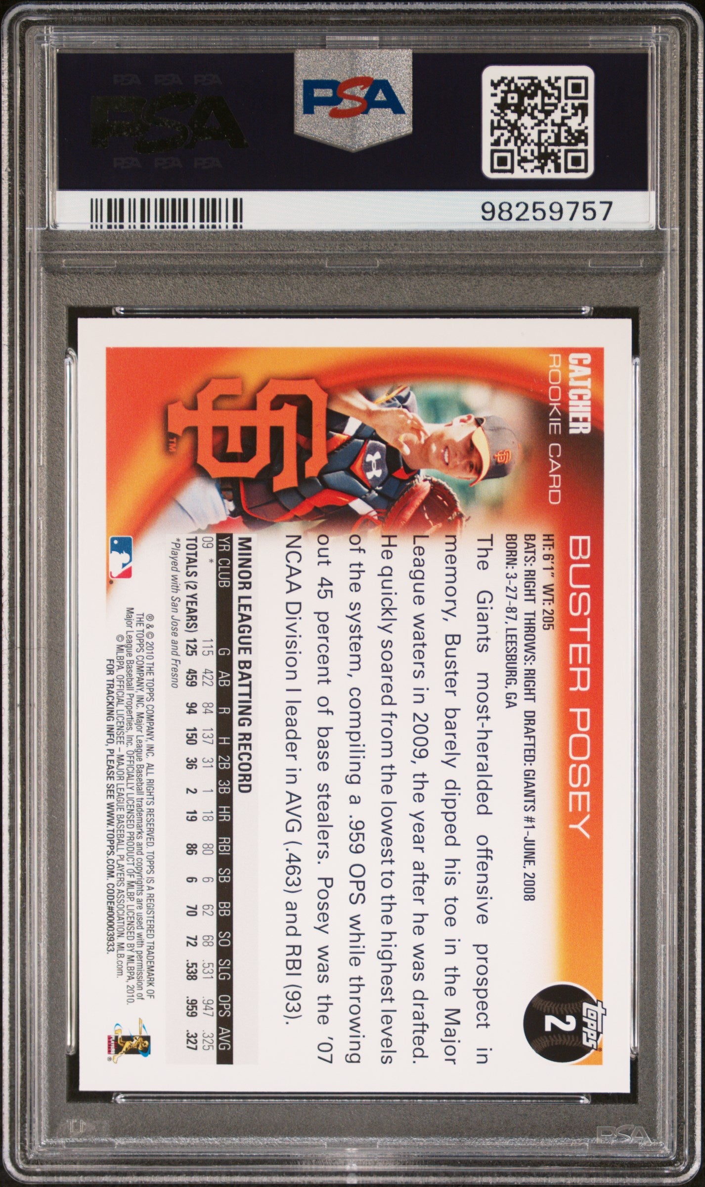 2010 Topps #2 Buster Posey PSA 10