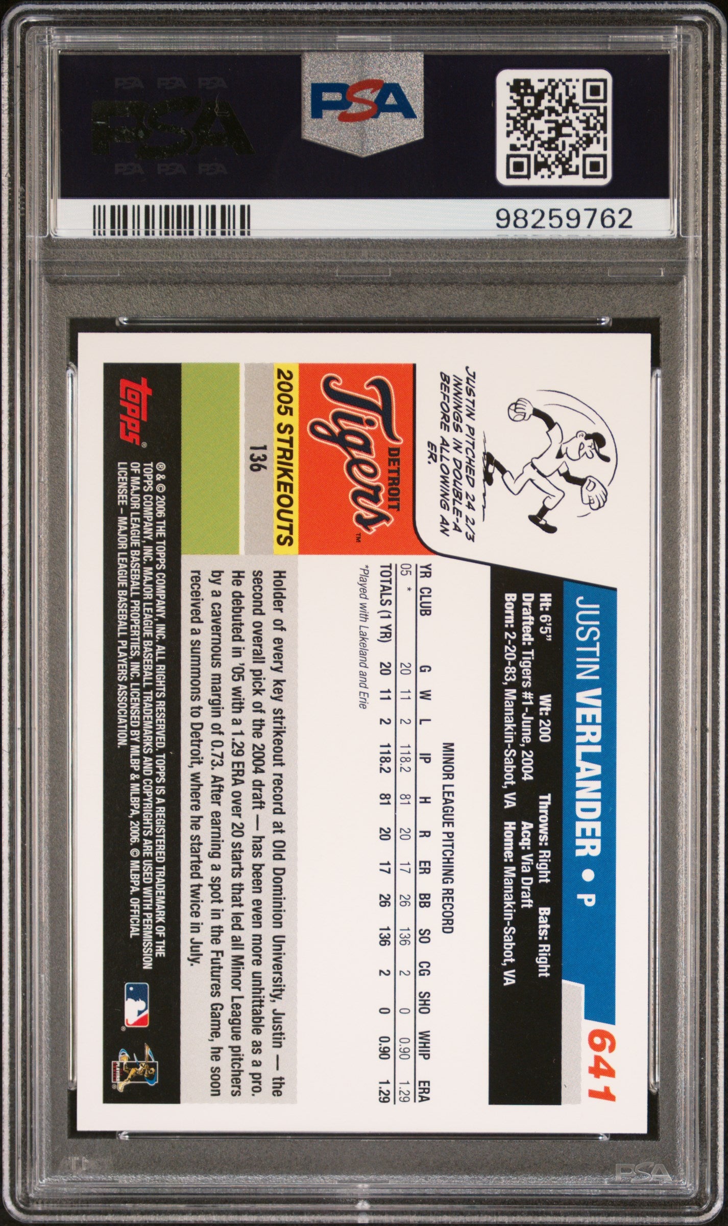 2006 Topps #641 Justin Verlander PSA 10