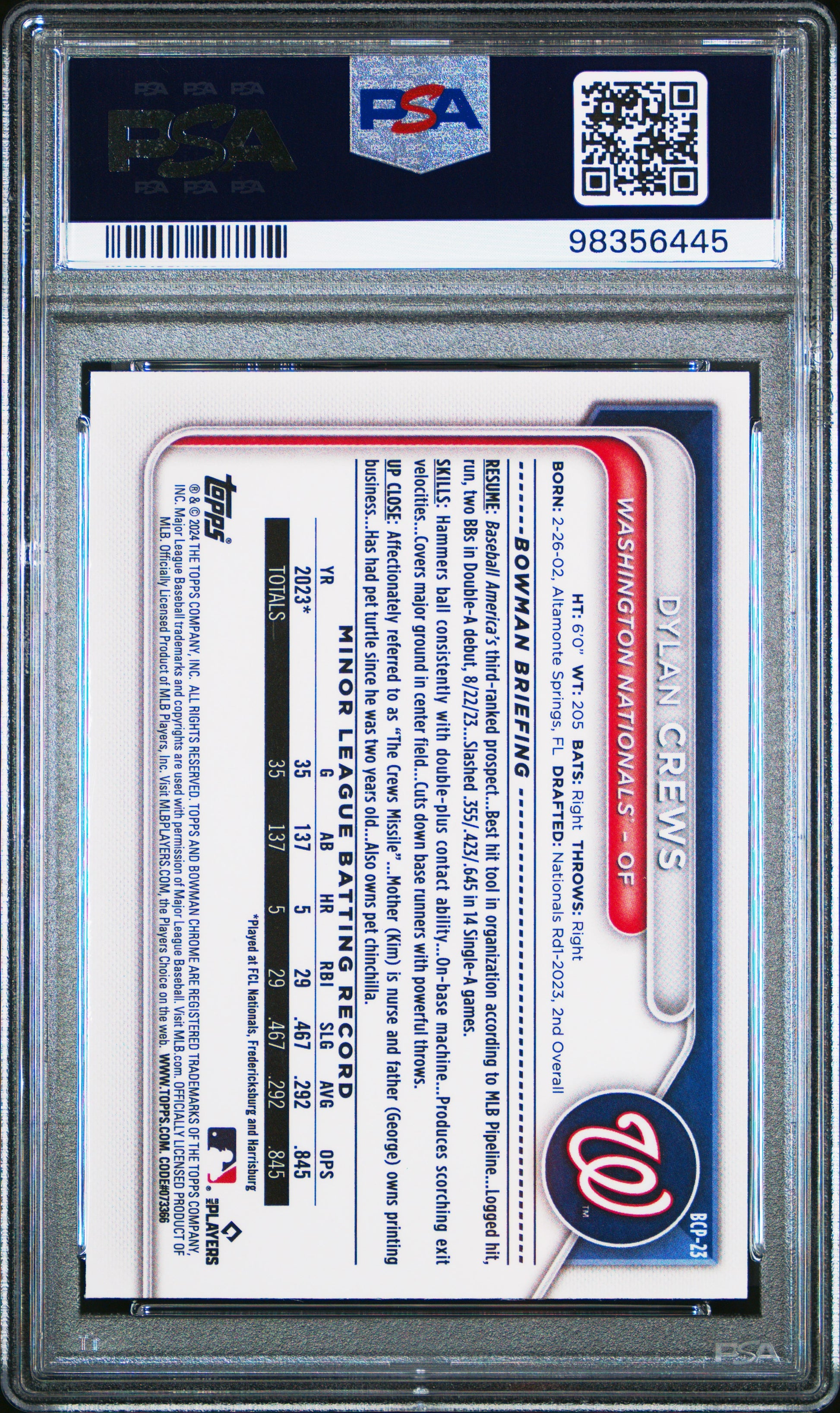 2024 Bowman Mega Box Chrome Prospects #23 Dylan Crews PSA 10 SKU200082