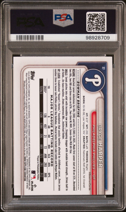 2024 Bowman Mega Box Chrome #37 Bryce Harper Chrome-Purple Refractor PSA 9