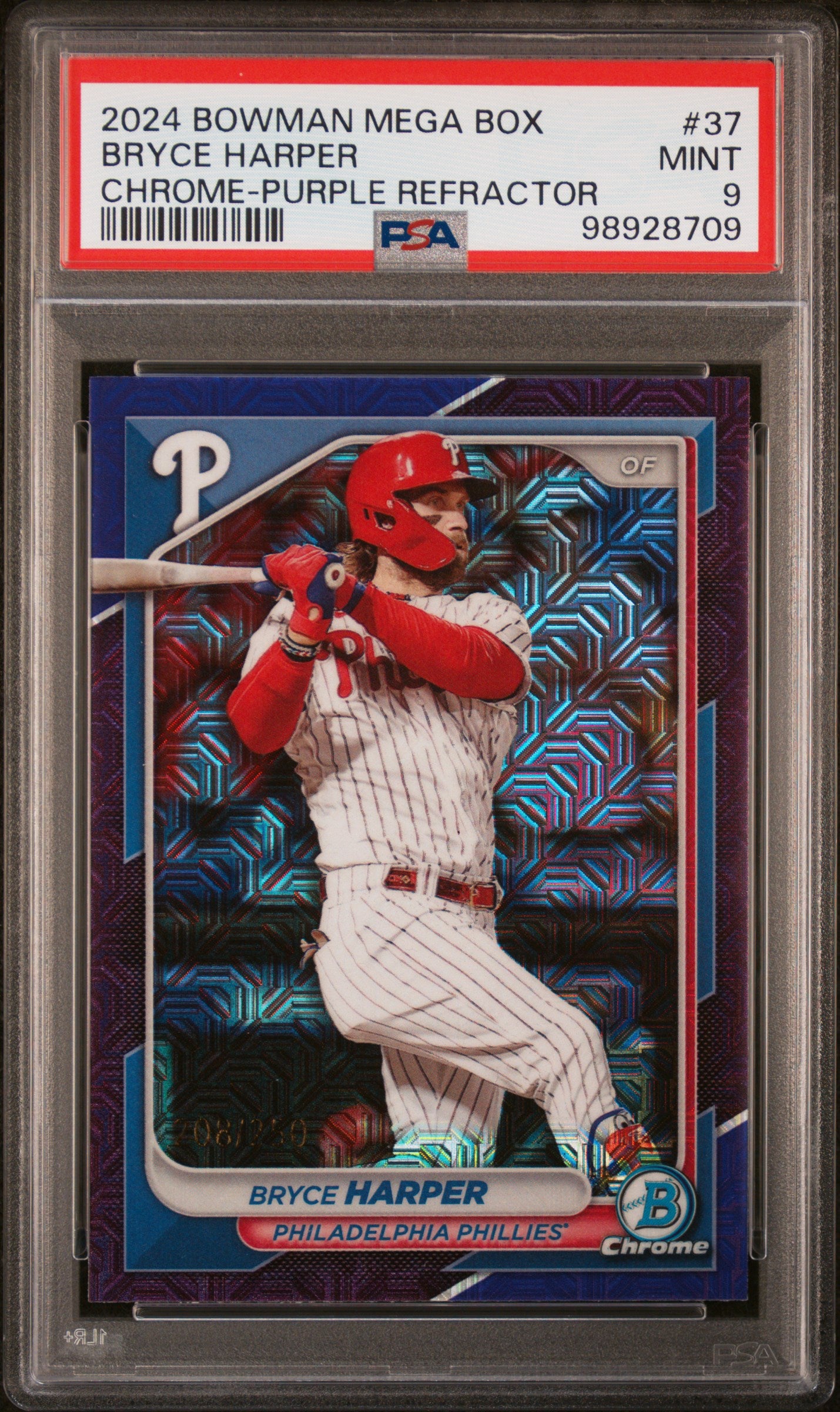 2024 Bowman Mega Box Chrome #37 Bryce Harper Chrome-Purple Refractor PSA 9