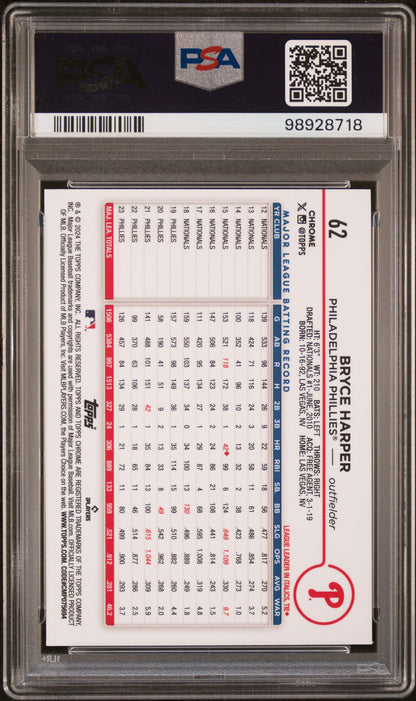 2024 Topps Chrome #62 Bryce Harper Aqua Lava Refractor PSA 10