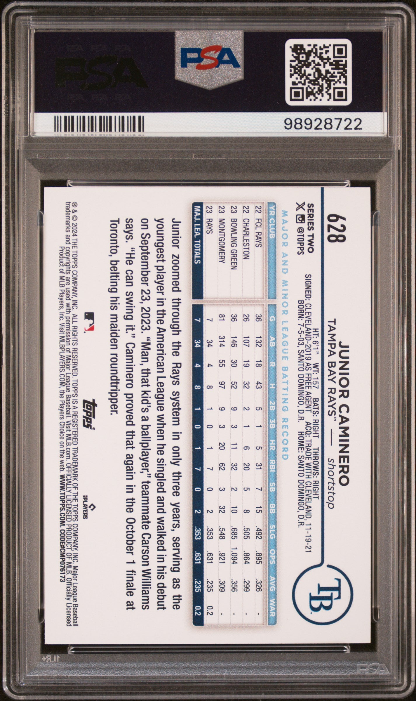 2024 Topps #628 Junior Caminero Rainbow Foil PSA 9