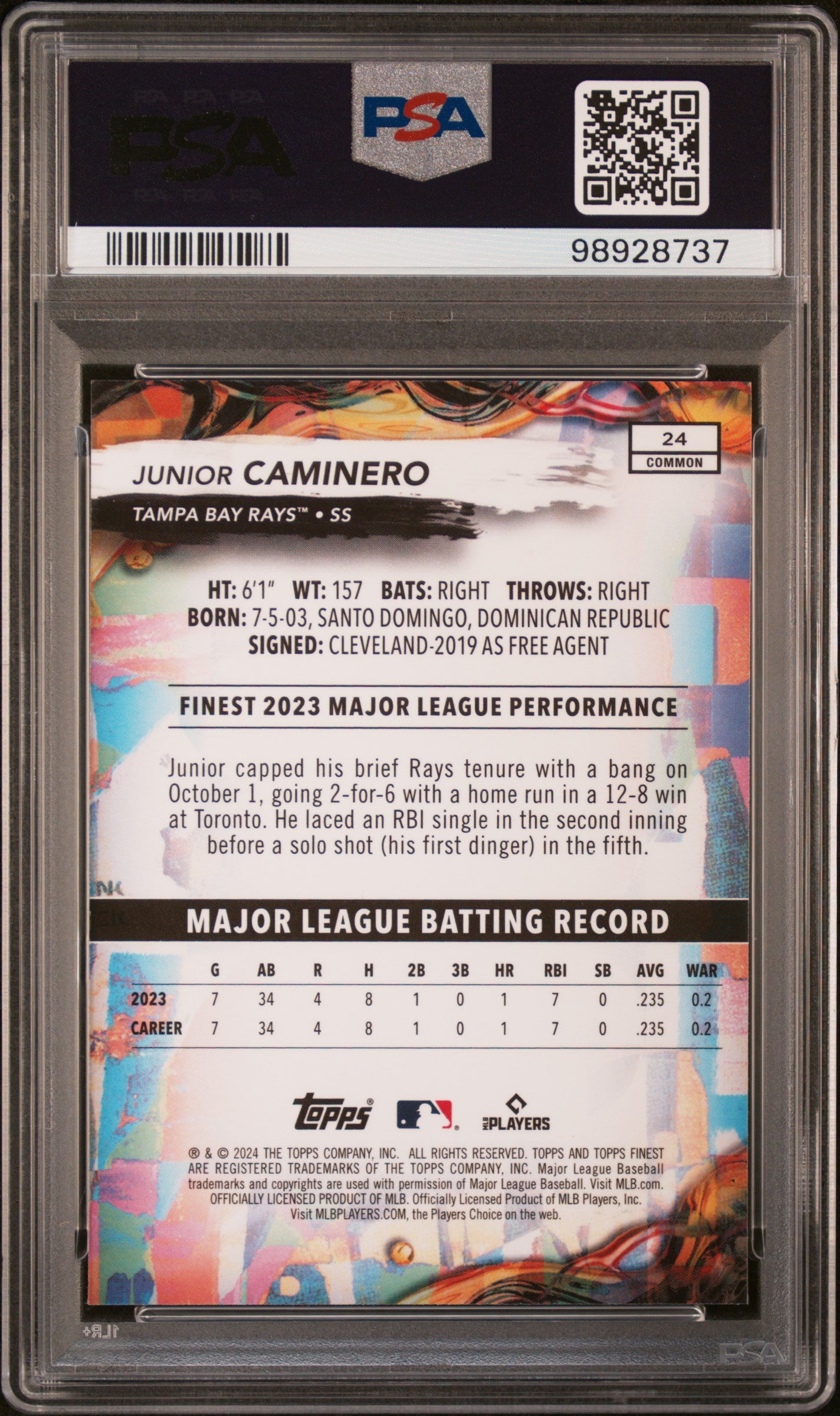 2024 Topps Finest #24 Junior Caminero PSA 10