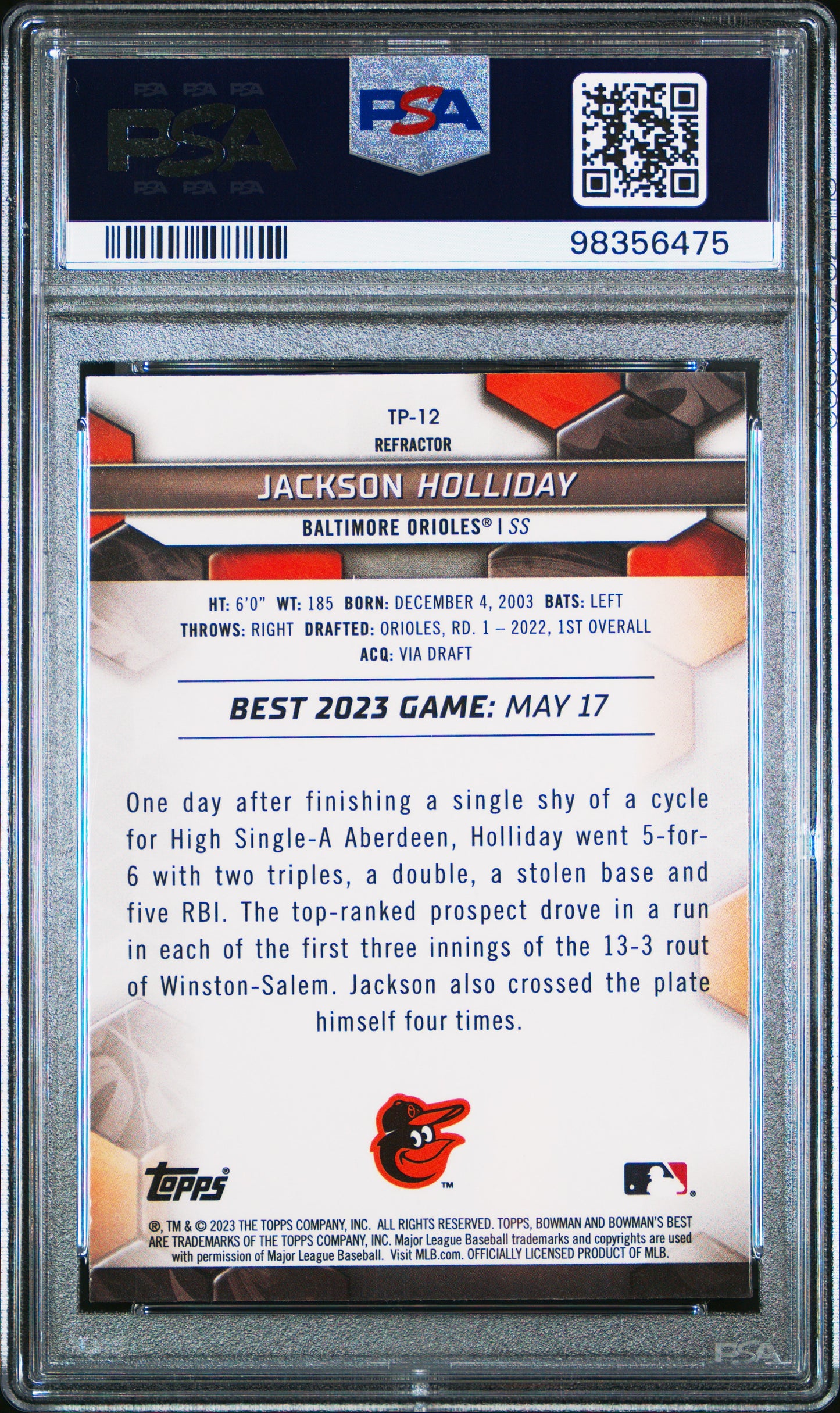 2023 Bowman'S Best Top Prospects #TP12 Jackson Holliday-Refractor PSA 8