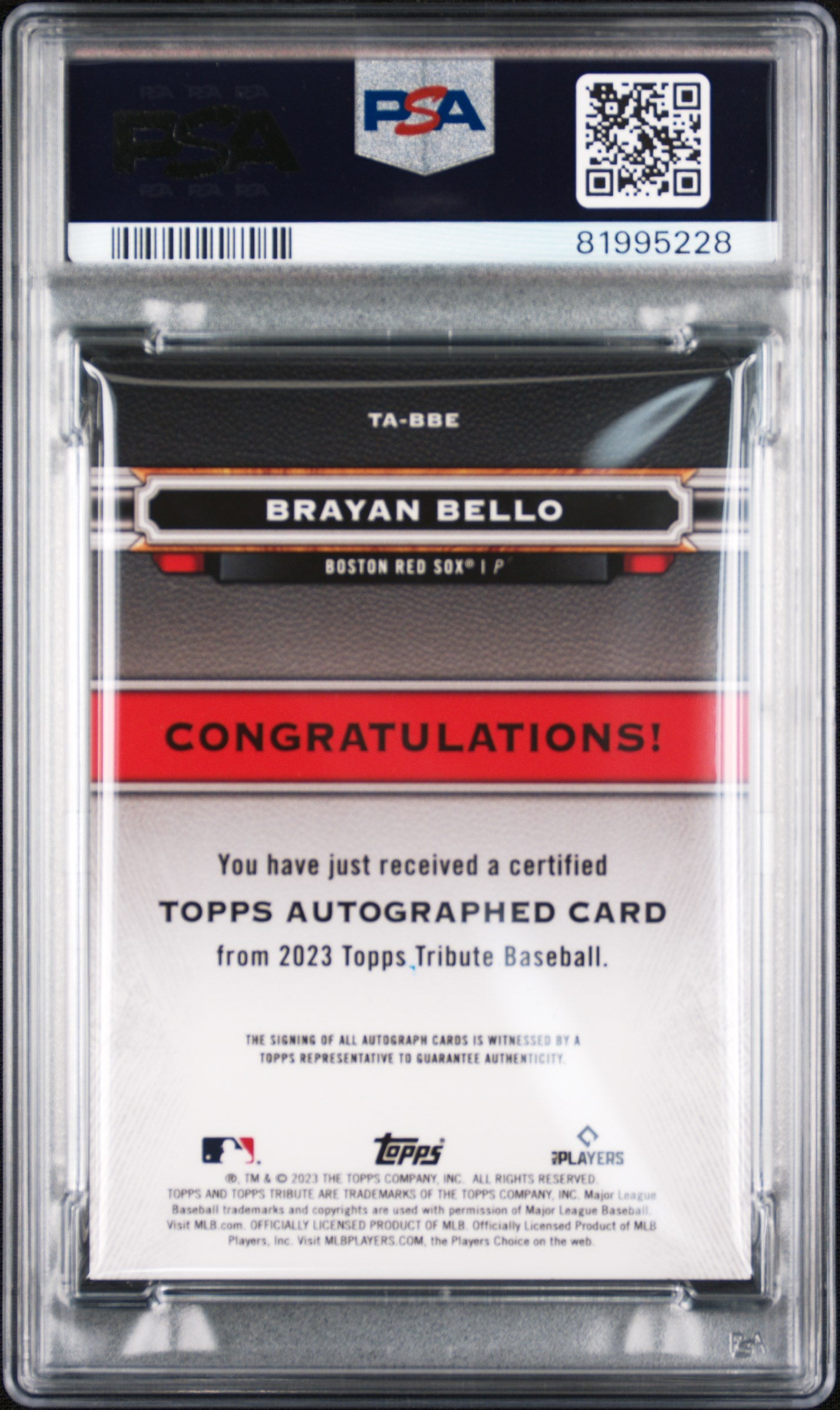 2023 Topps Tribute Tribute Autograph #TABBE Brayan Bello Autograph-Red PSA 9