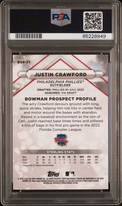 2023 Bowman Sterling #BSP71 Justin Crawford Gold Refractor PSA 10
