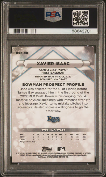 2023 Bowman Sterling #BSP90 Xavier Isaac Magenta Refractor/75 PSA 10