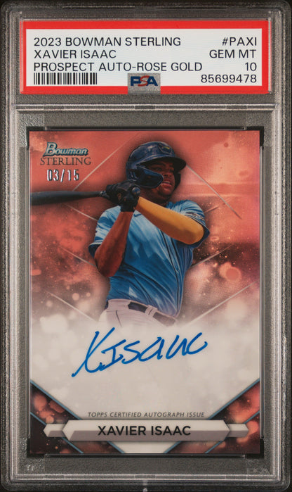 2023 Bowman Sterling Autographs #PAXI Xavier Isaac-Rose Gold/15 PSA 10