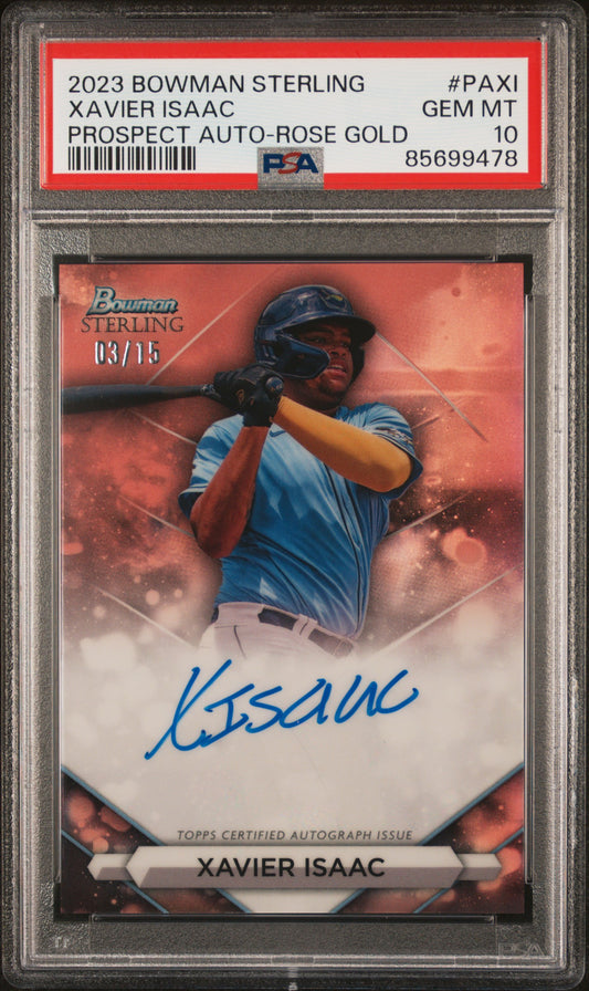 2023 Bowman Sterling Autographs #PAXI Xavier Isaac-Rose Gold/15 PSA 10