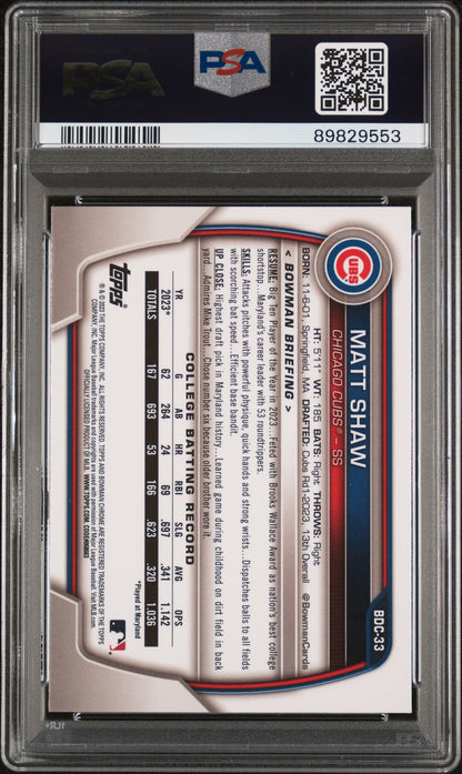 2023 Bowman Draft #BDC33 Matt Shaw Chrome-Lunar Glow PSA 10