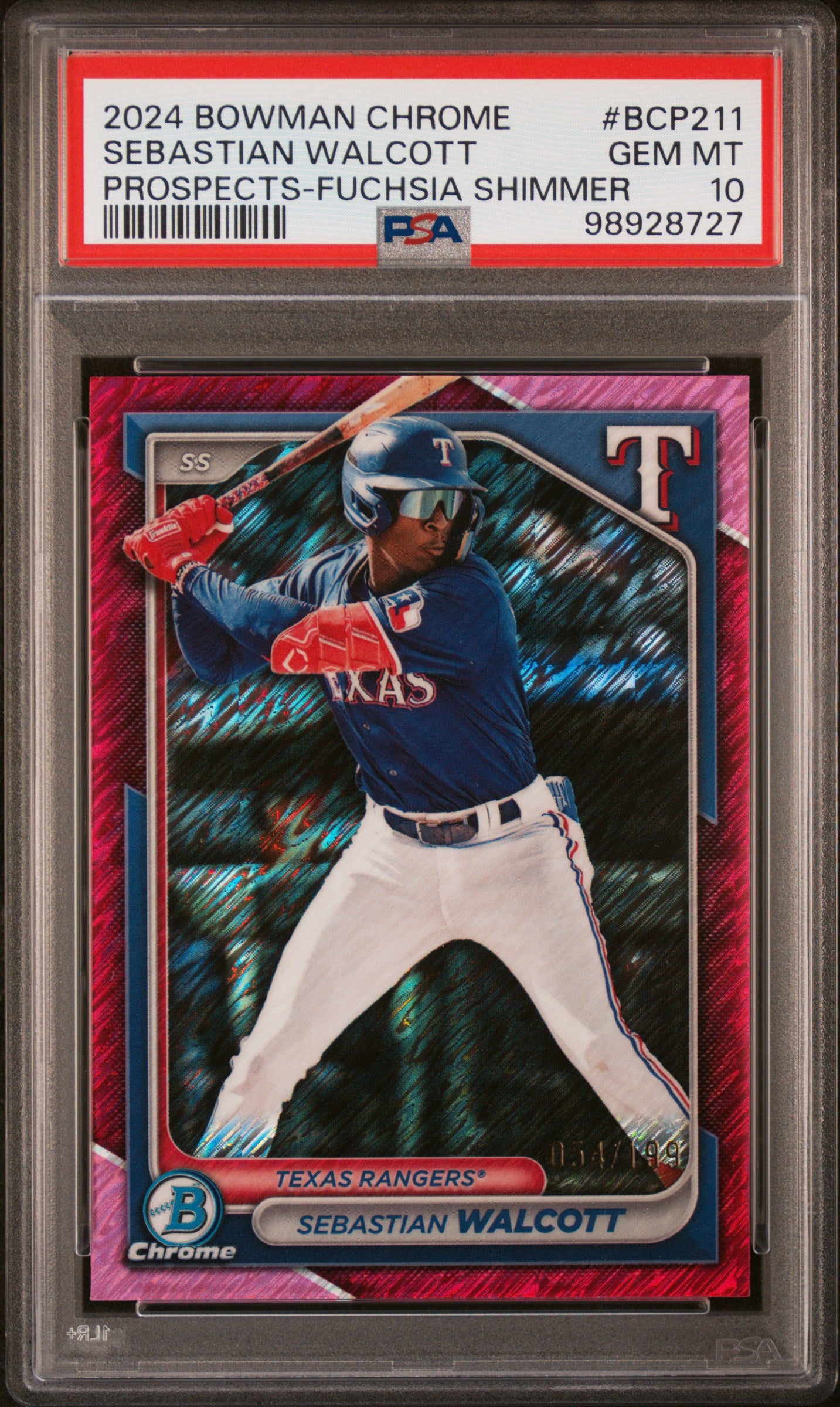 2024 Bowman Chrome #BCP211 Sebastian Walcott-Fuchsia Shimmer/199 PSA 10