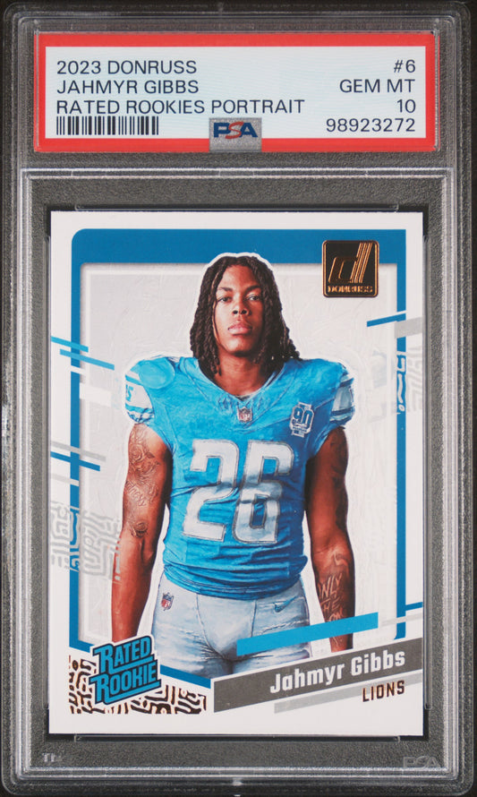 2023 Panini Donruss Rated Rookies Portrait #6 Jahmyr Gibbs PSA 10