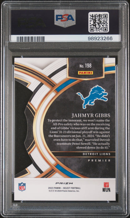 2023 Panini Select #198 Jahmyr Gibbs Die-Cut Zebra Prizm PSA 9