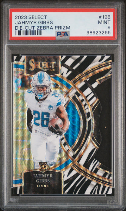 2023 Panini Select #198 Jahmyr Gibbs Die-Cut Zebra Prizm PSA 9
