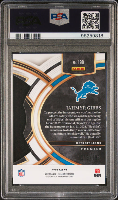 2023 Panini Select #198 Jahmyr Gibbs Die-Cut White Prizm/199 PSA 9