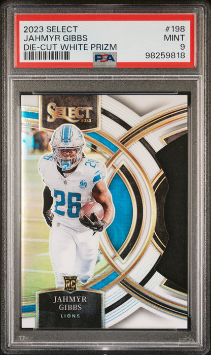 2023 Panini Select #198 Jahmyr Gibbs Die-Cut White Prizm/199 PSA 9