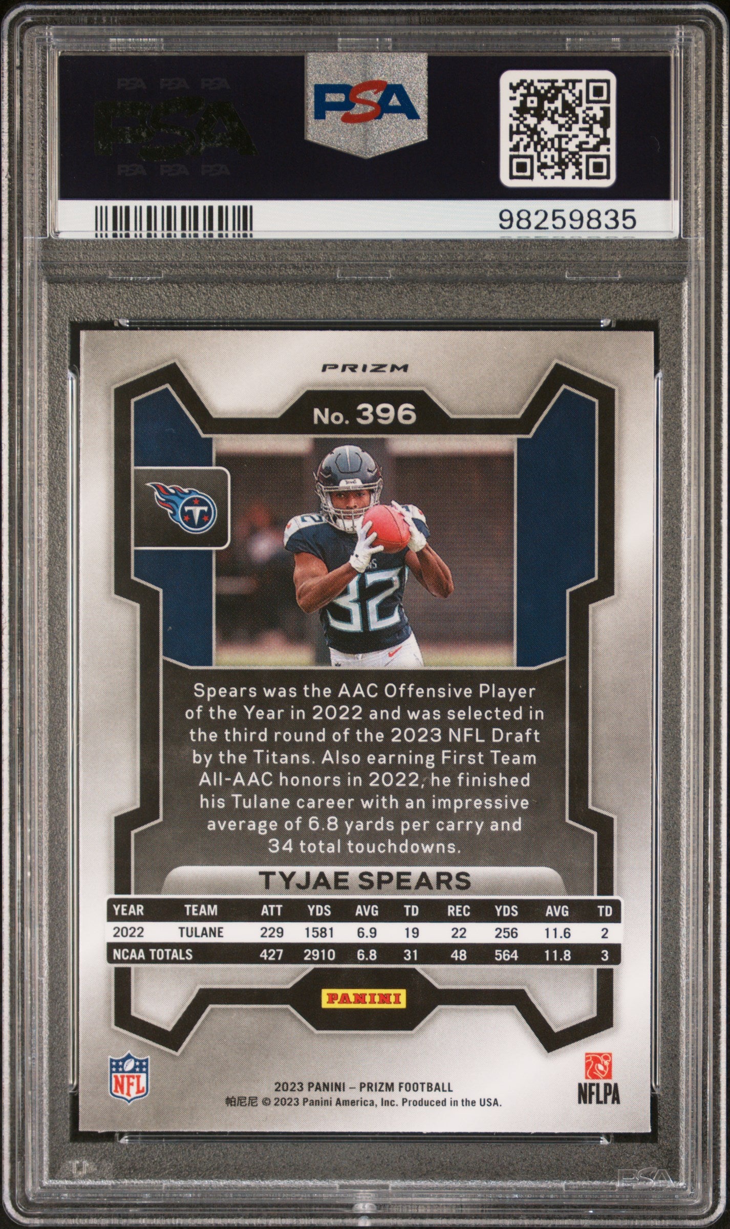 2023 Panini Prizm #396 Tyjae Spears Orange Ice PSA 9