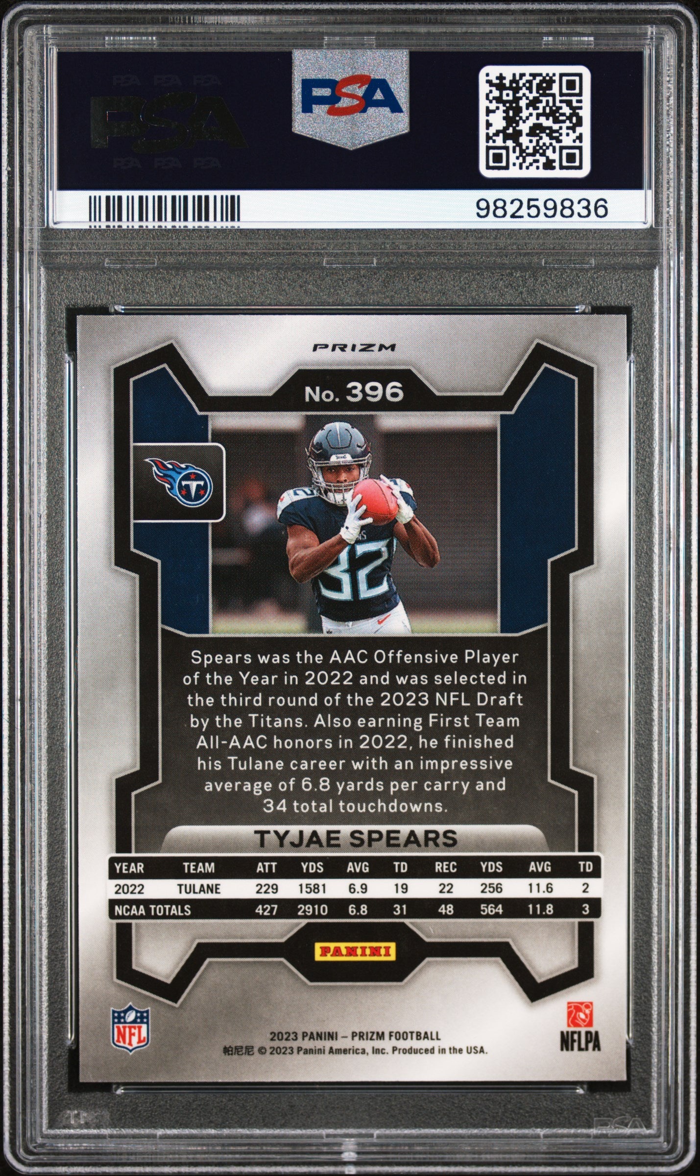 2023 Panini Prizm #396 Tyjae Spears Silver Prizm PSA 9