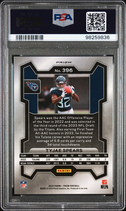 2023 Panini Prizm #396 Tyjae Spears Silver Prizm PSA 9