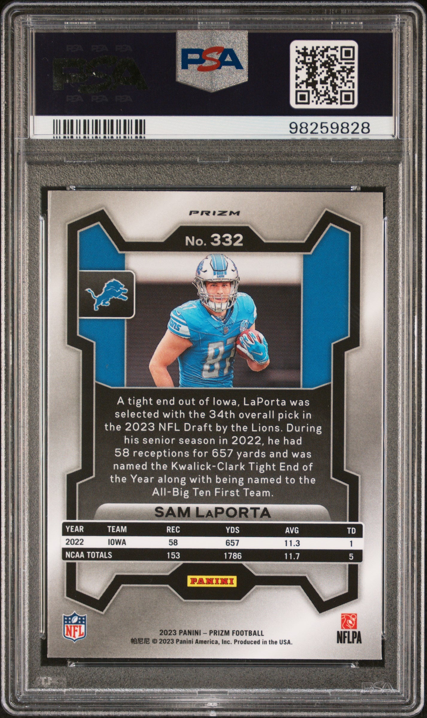 2023 Panini Prizm #332 Sam Laporta Orange Ice PSA 9