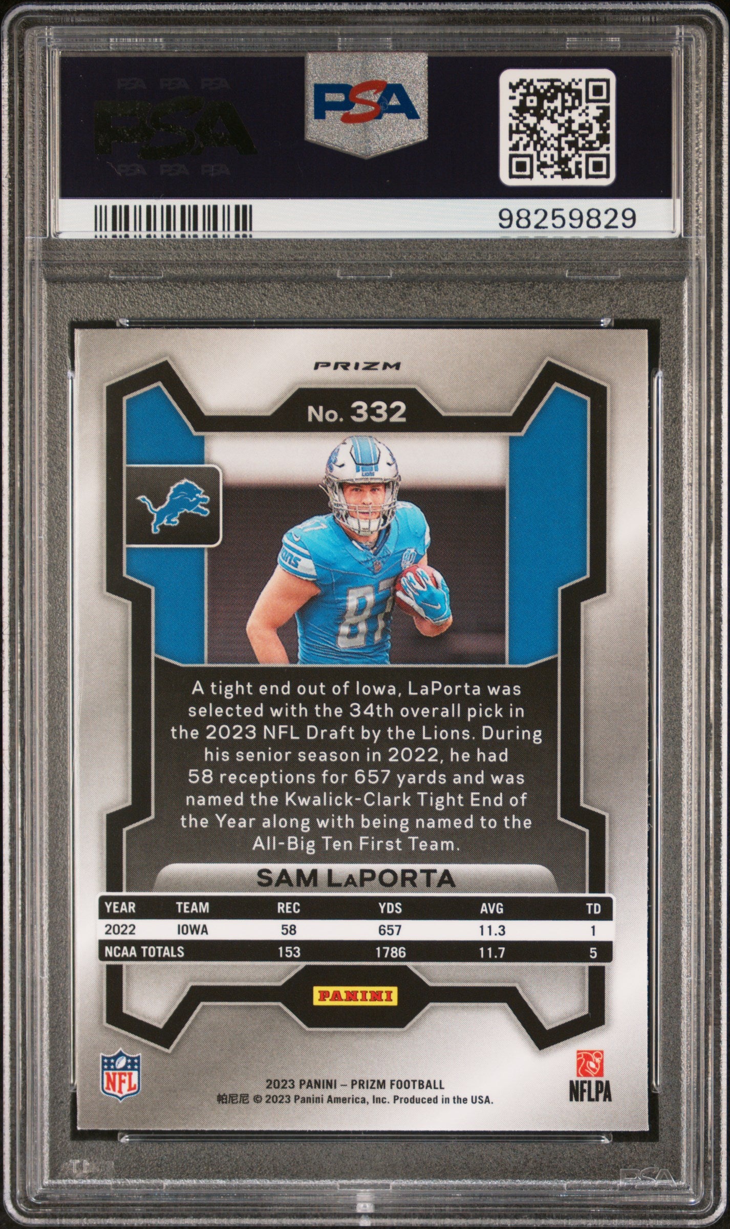 2023 Panini Prizm #332 Sam Laporta Pink Prizm PSA 9