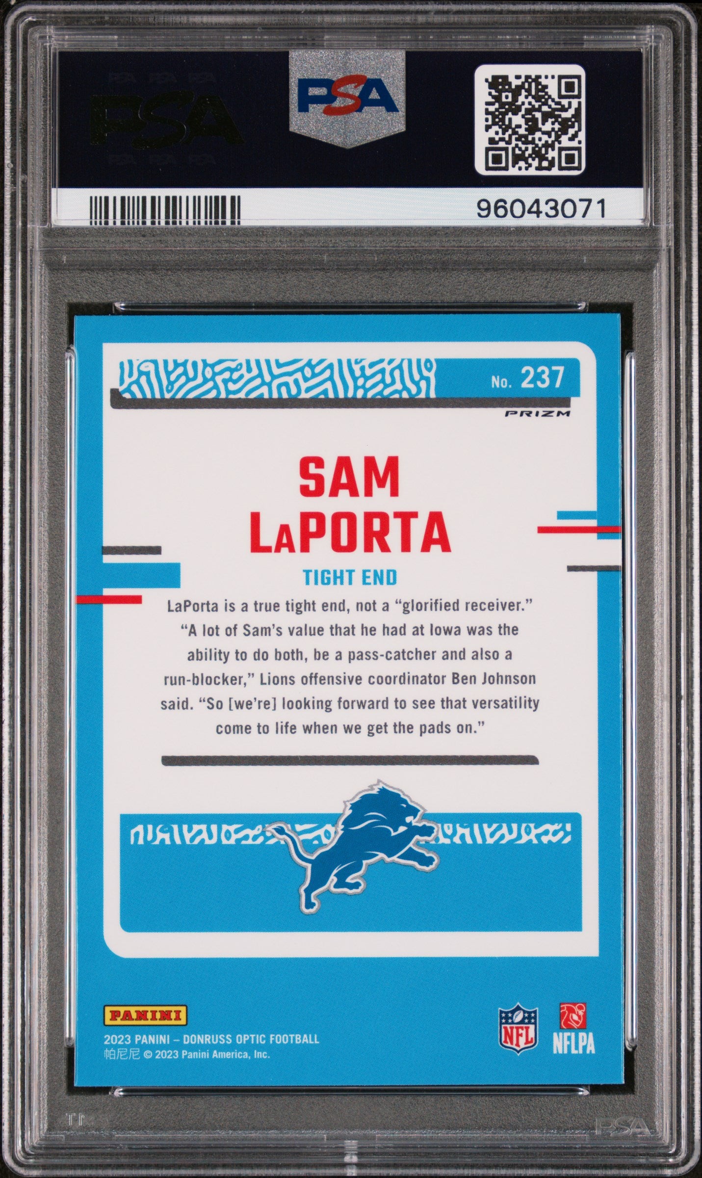 2023 Panini Donruss Optic #237 Sam Laporta Blue hyper PSA 9