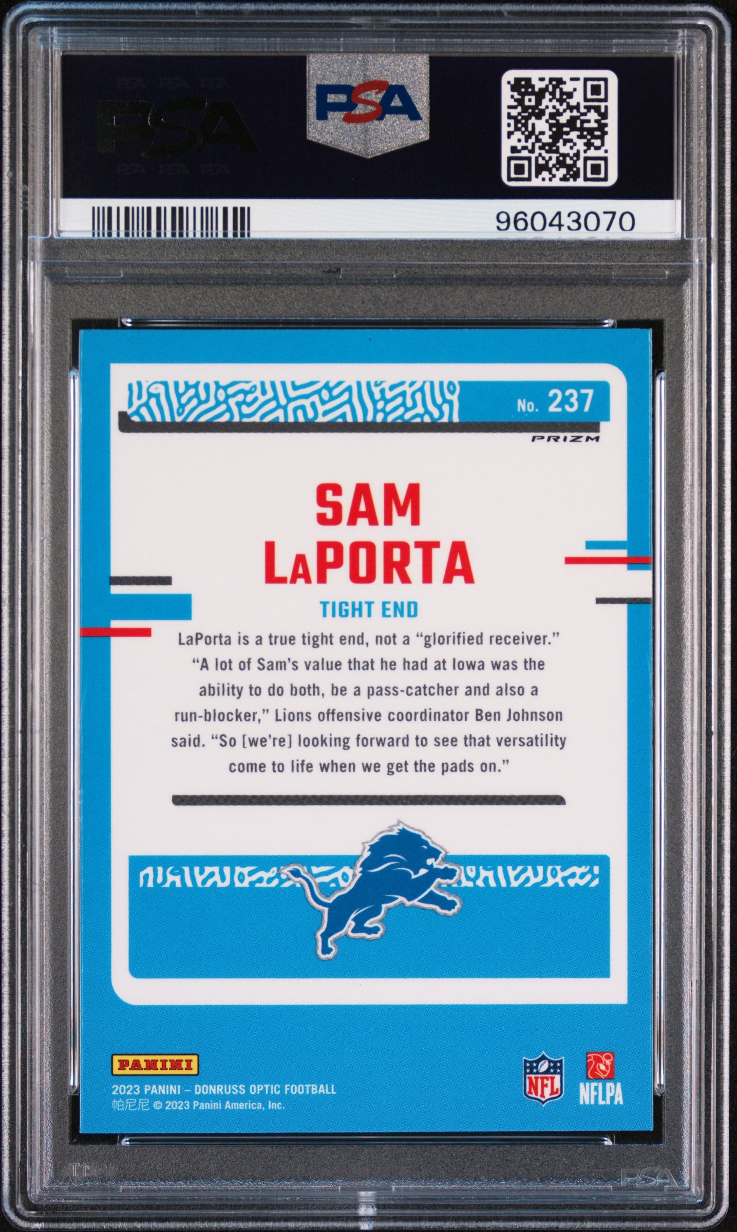 2023 Panini Donruss Optic #237 Sam Laporta Blue Hyper PSA 9
