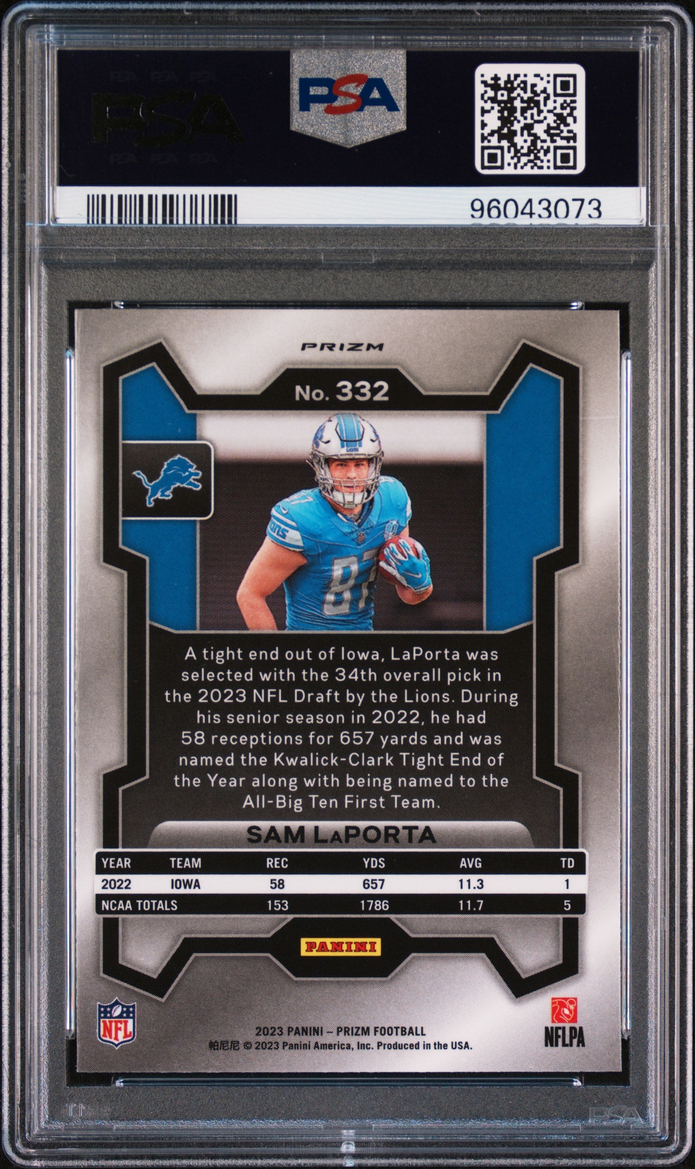 2023 Panini Prizm #332 Sam Laporta Green Prizm PSA 9